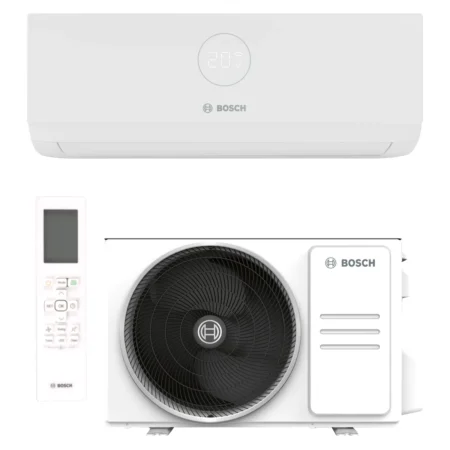 Climatisation réversible Bosch Climate 3000i 3,5 kW — unité intérieure CL3000iU W 35 E, groupe extérieur CL3000i 35 E et télécommande